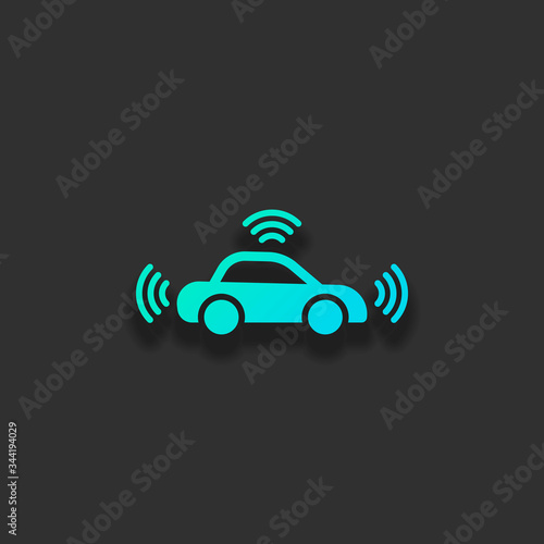 Smart car, modern autonomous auto, automatic transport, technology icon. Colorful logo concept with soft shadow on dark background. Icon color of azure ocean