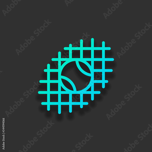Tennis ball and grid, sport game, outline linear icon. Colorful logo concept with soft shadow on dark background. Icon color of azure ocean