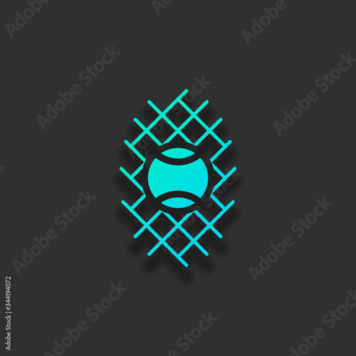 Tennis ball and grid, sport game icon. Colorful logo concept with soft shadow on dark background. Icon color of azure ocean