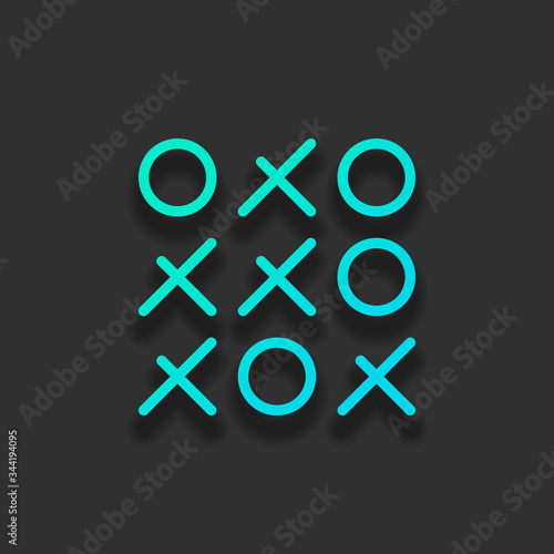 Tic tac toe game, linear outline icon. Colorful logo concept with soft shadow on dark background. Icon color of azure ocean