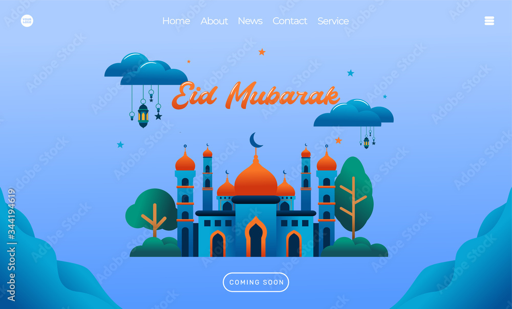 eid mubarak greeting concept with mosque illustration for web landing page template, banner, presentation, social, and print media. islamic eid fitr or adha flat design vector illustration