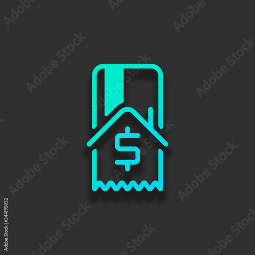 Buy house, credit card and receipt with dollar sign. Colorful logo concept with soft shadow on dark background. Icon color of azure ocean