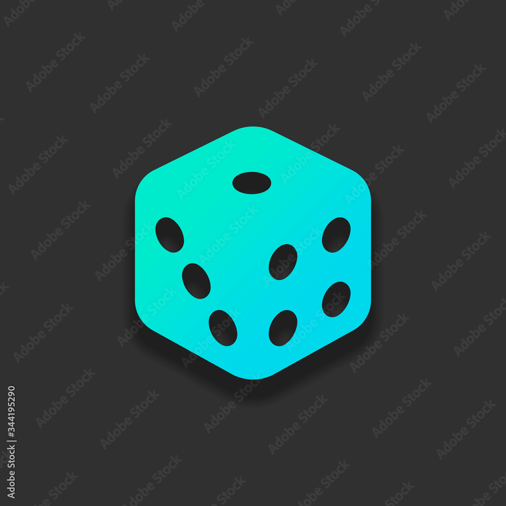 Dice cube, casino game. Colorful logo concept with soft shadow on dark background. Icon color of azure ocean Dice cube, casino game. Colorful logo concept with soft shadow on dark background. Icon color of azure ocean