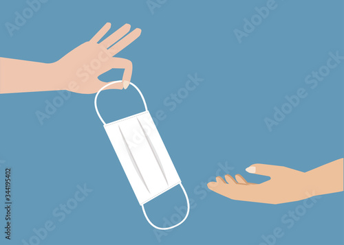 Hand giving surgical face mask to another person to protect from COVID-19 corona virus disease. Idea for COVID-19 corona virus outbreak, prevention and awareness. Vector Illustration.