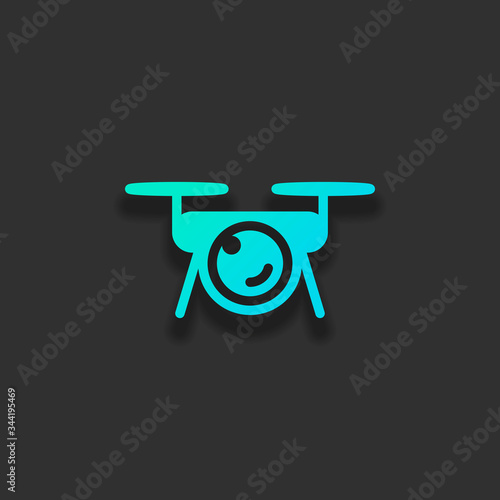 Drone with camera, tech logo. Colorful logo concept with soft shadow on dark background. Icon color of azure ocean