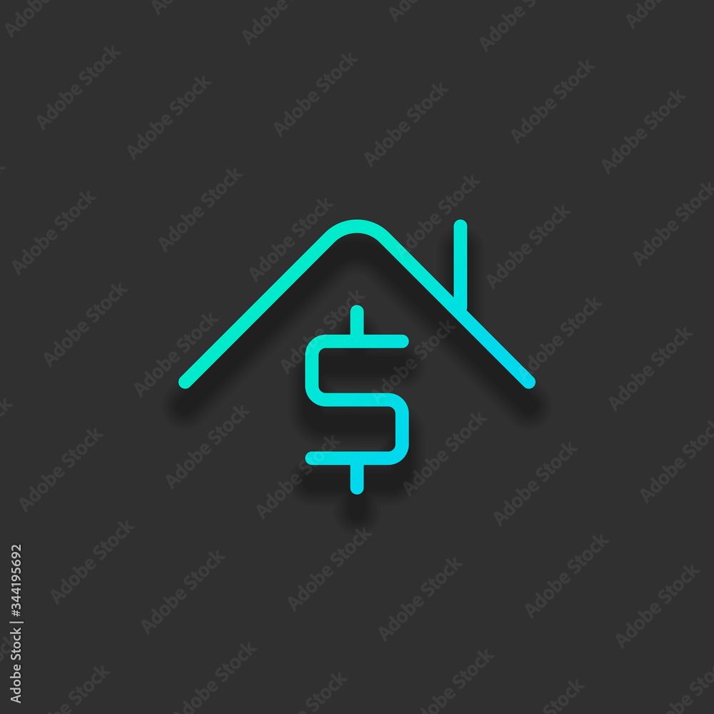 House price, home and dollar, rent logo, outline design. Colorful logo concept with soft shadow on dark background. Icon color of azure ocean House price, home and dollar, rent logo, outline design. Colorful logo concept with soft shadow on dark background. Icon color of azure ocean