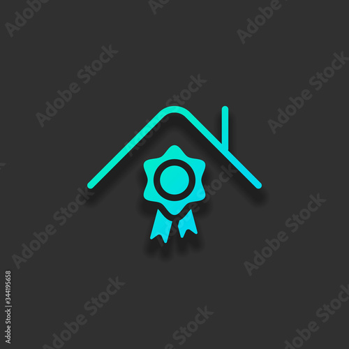 Certification house, certificate of quality for building. Colorful logo concept with soft shadow on dark background. Icon color of azure ocean