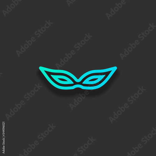 Masquerade mask, carnival or party, outline design. Colorful logo concept with soft shadow on dark background. Icon color of azure ocean
