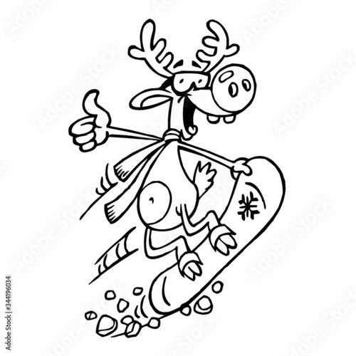 Santa's reindeer with a big nose jumps on a snowboard and shows thumbs up, winter sports, christmas, black and white cartoon