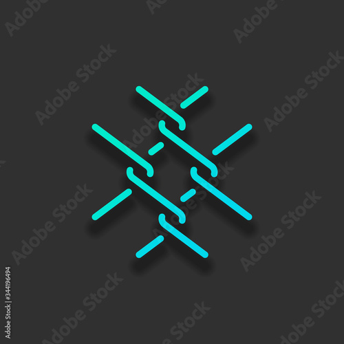 Metal fence grid, wire mesh, outline design. Colorful logo concept with soft shadow on dark background. Icon color of azure ocean