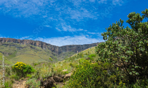 South Africa Drakensberg scenic panoramic impressive landscape view  wide panorama with sunny blue sky