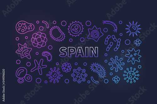 Coronavirus in Spain vector concept line modern horizontal illustration or banner on dark background