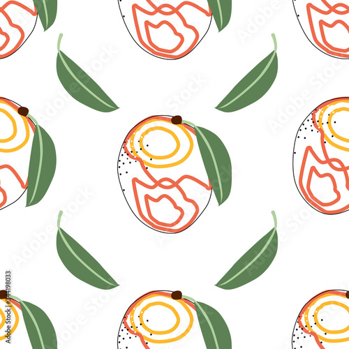 Flat mango seamless background vector illustration. Exotic fruits. Pattern for healthy lifestyle design. Scandinavian style. Vegetarian summer backdrop. Kitchen art. Fresh poster.