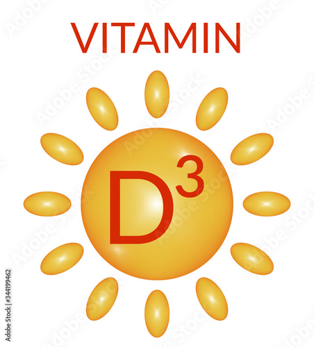 The concept of vitamins, D3, the sun, the health of the body, the energy of the sun. Vector illustration of a transparent capsule of vitamin D3, in the form of the sun.