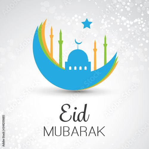 Eid Mubarak - Moon in the Sky - Greeting Card with Mosque for Muslim Community Festival