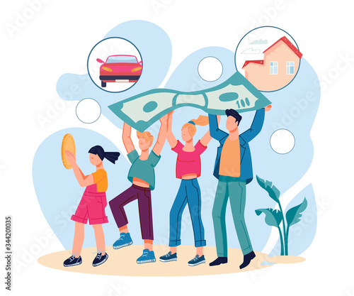 Family savings and money economy with parents and children carrying banknote. Bank saving program for family and private clients. Financial stability and growth. Cartoon vector illustration isolated.