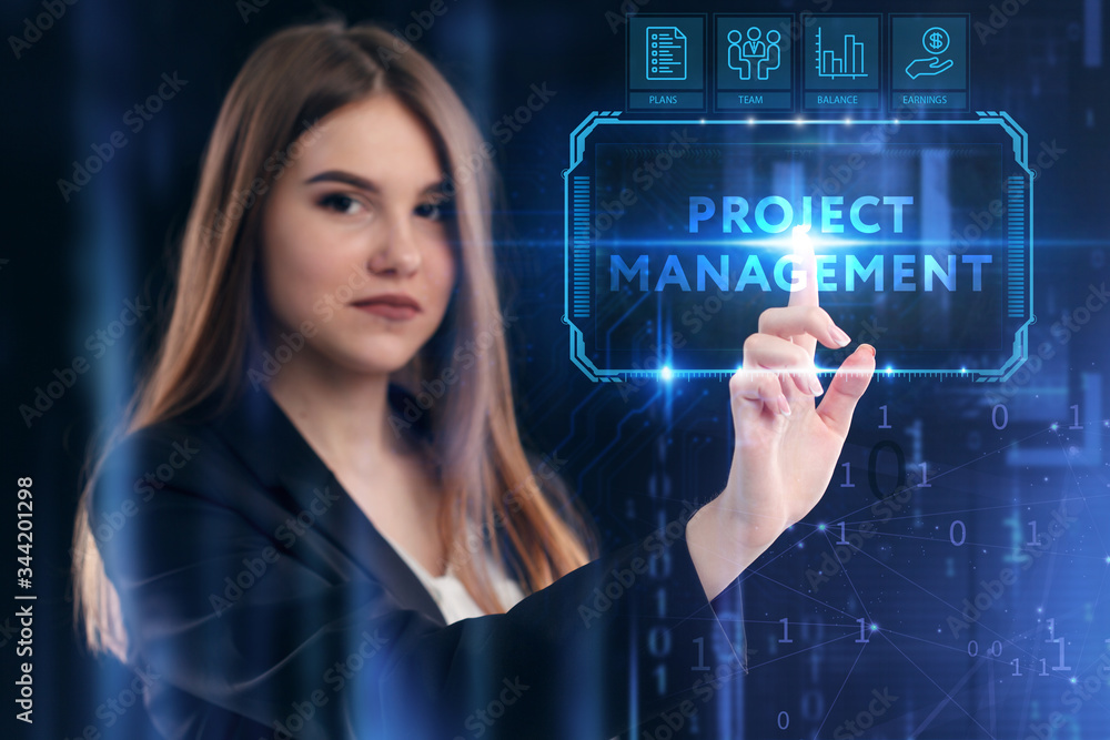 Business, Technology, Internet and network concept. Young businessman working on a virtual screen of the future and sees the inscription: Project management Business, Technology, Internet and network concept. Young businessman working on a virtual screen of the future and sees the inscription: Project management
