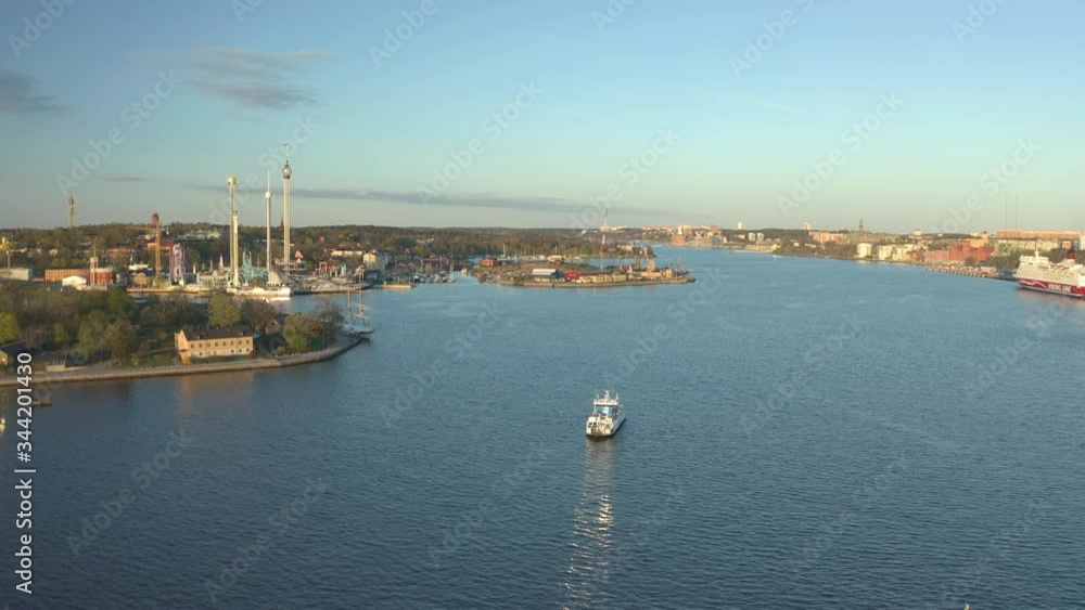 Aerial panoramic view of passenger ferry on Riddarfjärden in Stockholm, Sweden Aerial panoramic view of passenger ferry on Riddarfjärden in Stockholm, Sweden