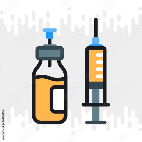 Vaccine bottle with syringe icon. Medical injection or vaccination concept. Simple color version on light gray background