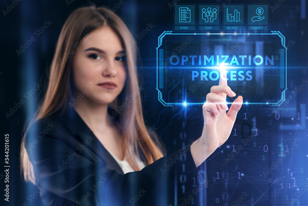 Business, Technology, Internet and network concept. Young businessman working on a virtual screen of the future and sees the inscription: Optimization process Business, Technology, Internet and network concept. Young businessman working on a virtual screen of the future and sees the inscription: Optimization process
