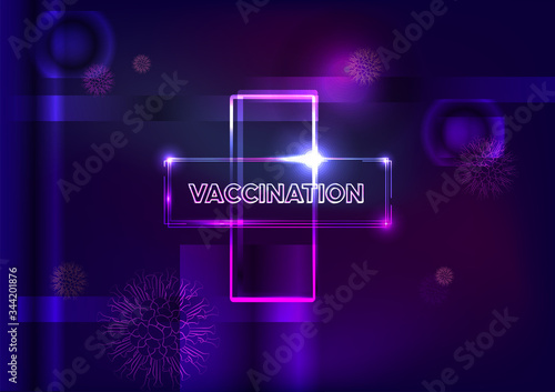 Medical cross symbol on Neon glowing style Vector background. Virus protection concept for Stopping pandemia.Vaccinations - save humanity from epidemics of dangerous Disease, coronavirus