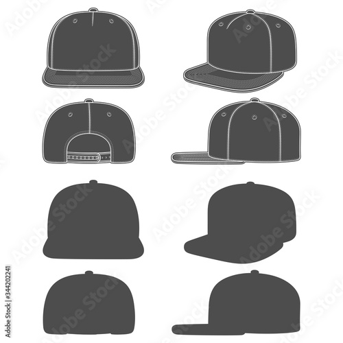 Set of black and white images of a snapback, rapper cap with a flat visor. Isolated objects on white background.