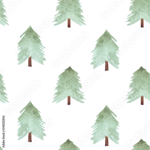 Cute watercolor pattern of green pine trees for Christmas and New Year decoration. Tree silhouettes illustrations isolated on white background. Can be used for design textile  print  wallpaper.