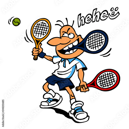 Tennis player playing unfair with three tennis rackets to catch the ball and laughing, sport is fun, color cartoon joke
