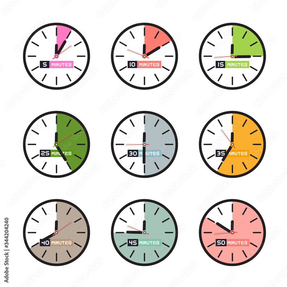 Time Symbol. Vector Clock Icons Isolated with 5, 10, 15, 25, 30, 35, 40, 45 and 50 Minutes Time Symbol. Vector Clock Icons Isolated with 5, 10, 15, 25, 30, 35, 40, 45 and 50 Minutes