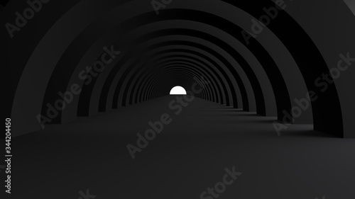 Black empty room space and the pathway area indefinitely with the gap glowing in the dark and shadow. Museum space design. the rhythm of the arch frame and the gap  On the black floor  3D rendering.