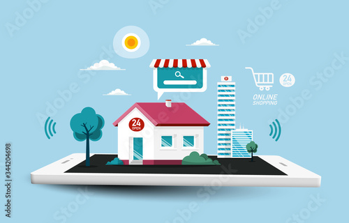 Online Shopping Vector Symbol with Houses in City on Mobile Phone. Virtual Shopping Center Cartoon.