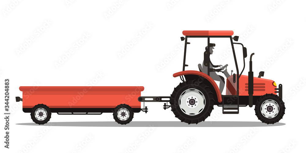 Tractor with Dray - Trailer Side View with Driver Profile Silhouette Vector Isolated on White Background