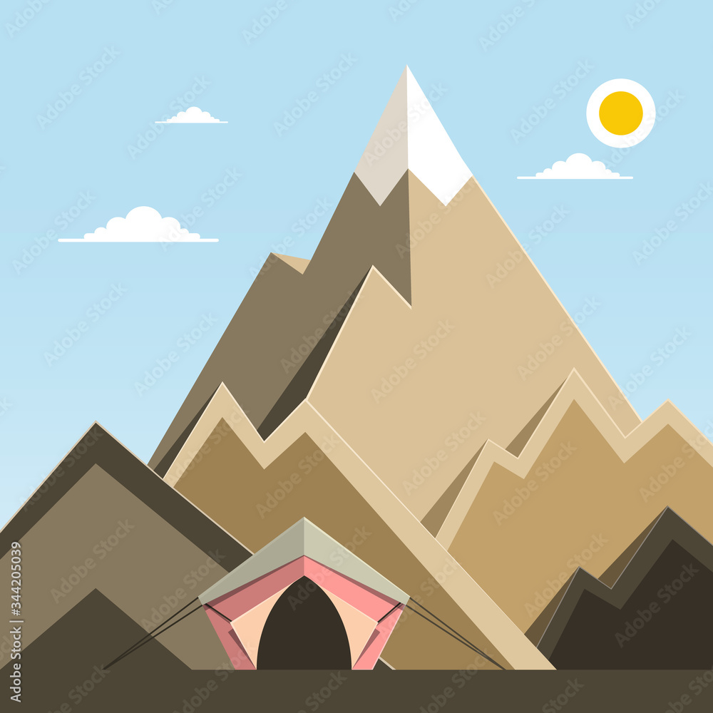Sunny Day in High Mountains with Tent on Foreground and Sun on Background - Vector Cartoon