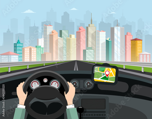 Driving Car Vector Illustration. Hands on Steering Wheel  GPS Navigation with Red Pin and Big City Skyline with Skyscrapers on Background.