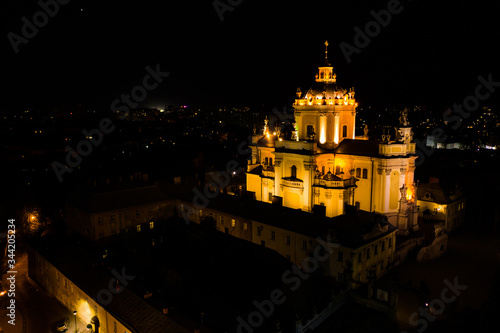 Aerial view on St. George's Cathedral in Lviv, Ukraine from drone at night