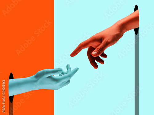 Bright painted hands touching by fingers. Contemporary art collage. Modern design work in vibrant trendy colors. Tender human hands. Stylish and fashionable composition, youth culture. Copyspace. photo