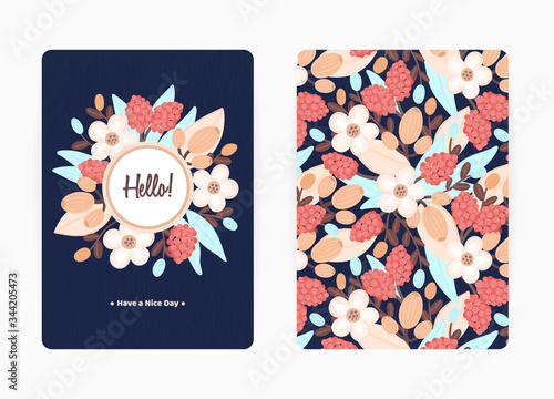Cover design with floral pattern and round frame. Hand drawn flowers. Colorful artistic background with blossom. Invitation, greeting card, cover book, notebook. Size A4. Vector illustration, eps10