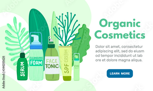 Organic or natural cosmetics. Many jars and bottles with cosmetic names. Facial skin care. Online store. Landing page template. Background is for banner, header, advertising, mailing list. Vector
