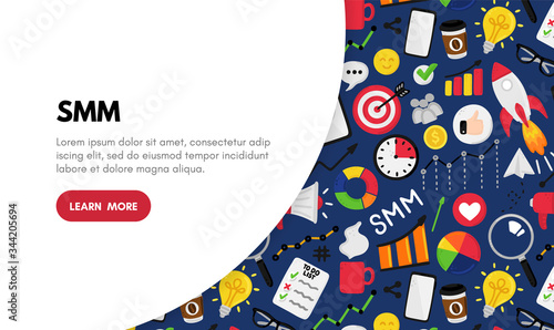 Vector background with smm elements. Social Media Marketing. Reach and promotion among target audience. Landing page, banner, mailing, presentation, header. Advertising for marketers, digital agency