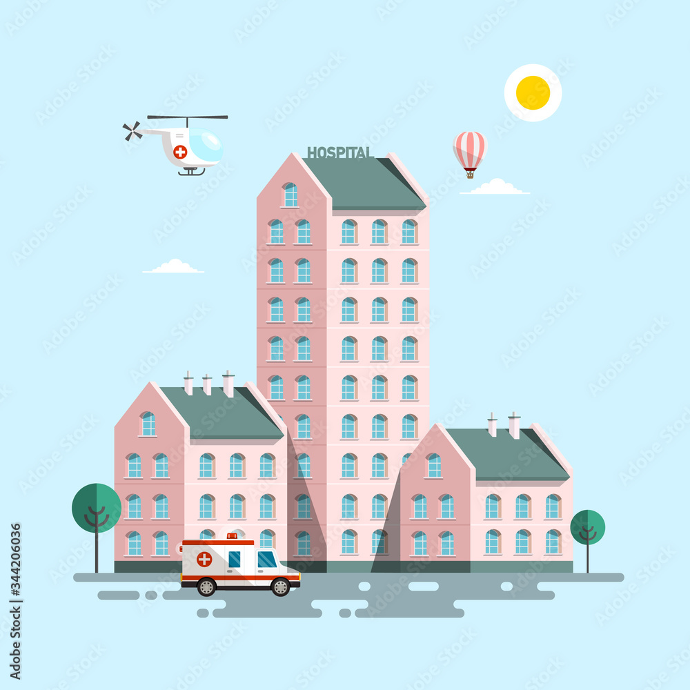 Old Hospital Building with Helicopter and Ambulance Car Vector Flat Design Illustration