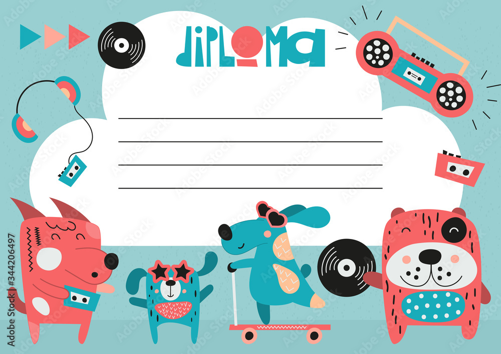 Diploma template with cool disco dogs in doodle cartoon style, certificate background for school, preschool, kindergarten. Vector illustration. Music theme. Diploma template with cool disco dogs in doodle cartoon style, certificate background for school, preschool, kindergarten. Vector illustration. Music theme.