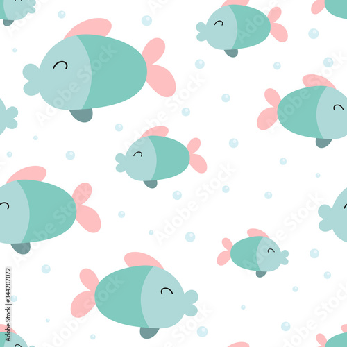 Seamless pattern with cute fishes and bubbles. Sea background. Vector Illustration. Great for wallpaper, baby clothes, greeting card, wrapping paper.