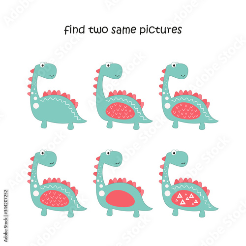Find two same pictures - cute dinosaurs. Logic games for kids. Vector illustration. Little dino.