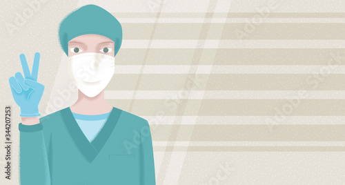 Victory! A nurse makes the victory gesture with her hand, equipped to protect herself from the Coronavirus with a face mask and gloves. Landscape format vector drawing with grain and noise texture.