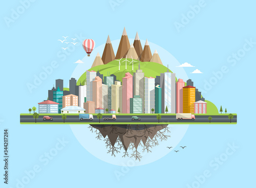 Flying Island Vector Flat Design Illustration. Abstract City with Skyscrapers, Street and Windmills on Hills.