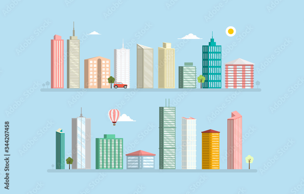 Modern Abstract Buildings Icons Set. Vector Flat Design Skyscrapers. Simple City Illustration.