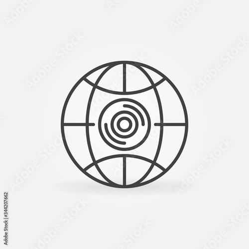 360 camera in earth globe outline icon - vector 360-degree cam concept linear symbol