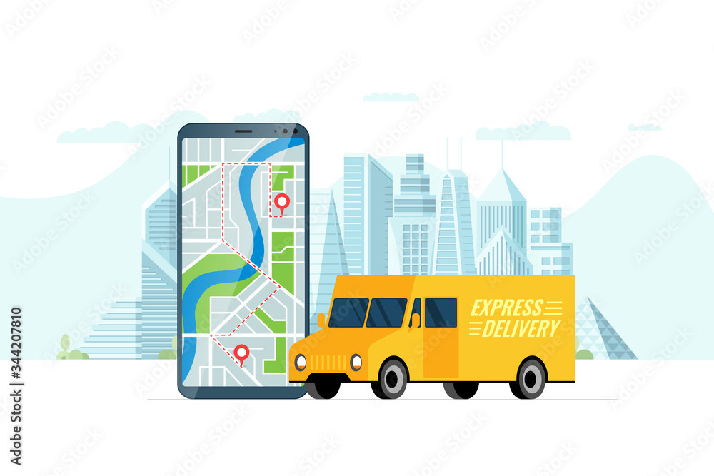 Fast delivery lorry truck ordering service app concept. Smartphone with map route geotag gps location pin arrival address on city street and express cargo shipping. Online application flat vector