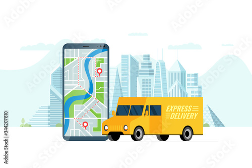 Fast delivery lorry truck ordering service app concept. Smartphone with map route geotag gps location pin arrival address on city street and express cargo shipping. Online application flat vector