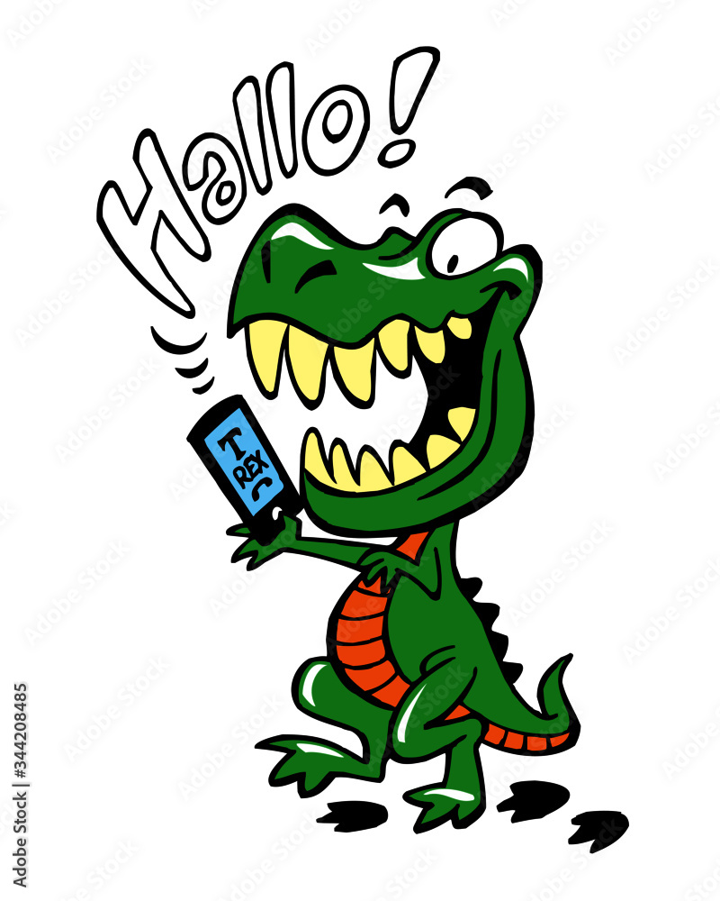 Obraz premium Tyrannosaurus rex holding a smart phone, phoning and smiling saying hallo, color cartoon joke